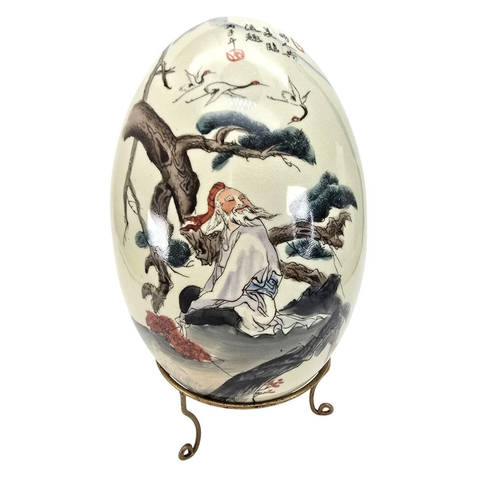 Large Hand-Painted Chinese Porcelain Egg Ornament Decor With Stand JE270